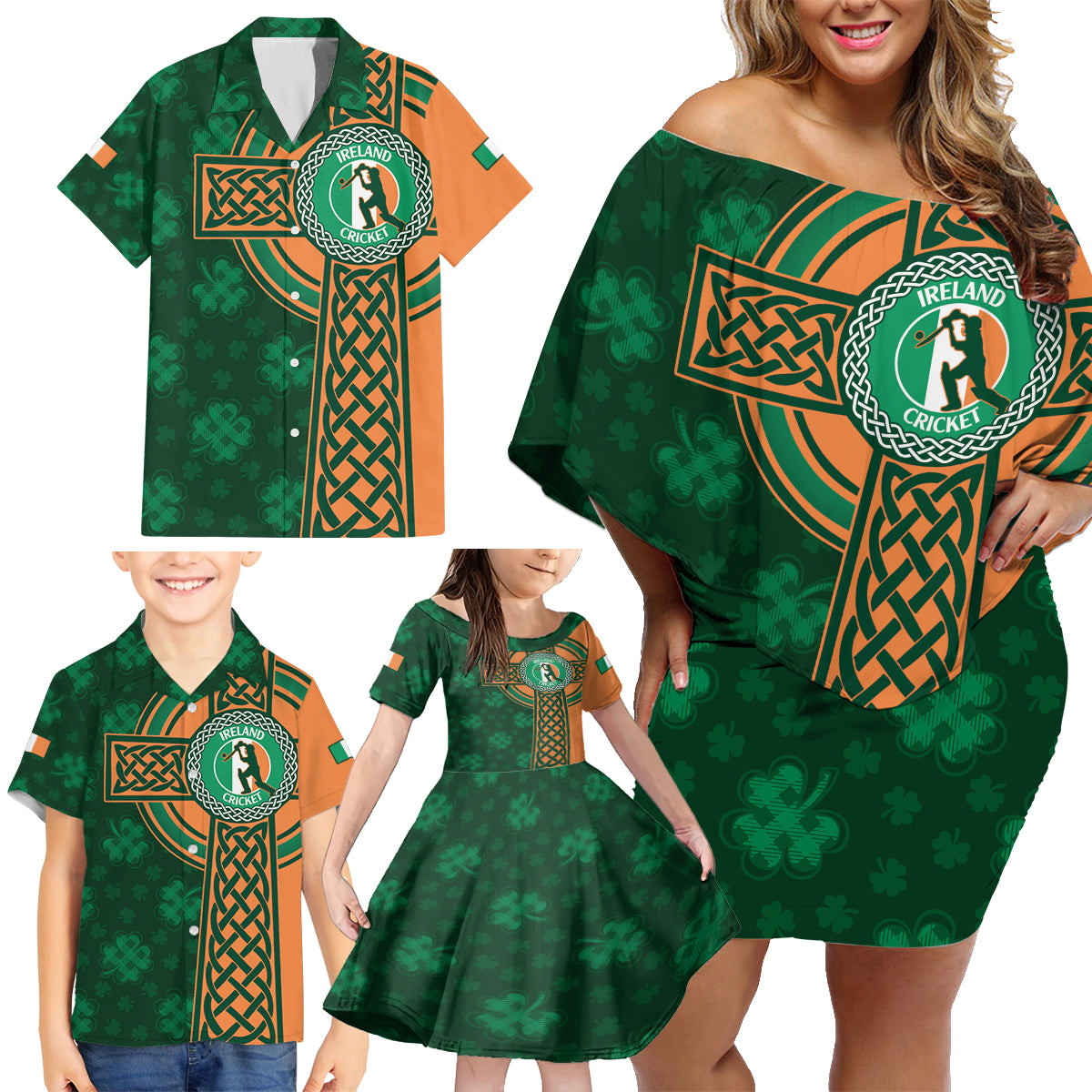 Custom Ireland Cricket Family Matching Off Shoulder Short Dress and Hawaiian Shirt 2024 Celtic Shamrock Go Champions - Wonder Print Shop