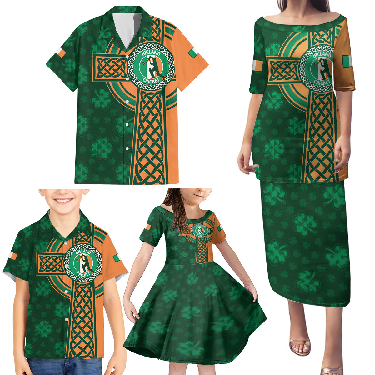 Custom Ireland Cricket Family Matching Puletasi and Hawaiian Shirt 2024 Celtic Shamrock Go Champions - Wonder Print Shop