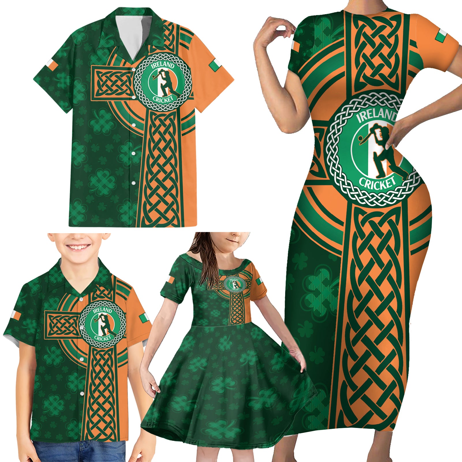 Custom Ireland Cricket Family Matching Short Sleeve Bodycon Dress and Hawaiian Shirt 2024 Celtic Shamrock Go Champions - Wonder Print Shop