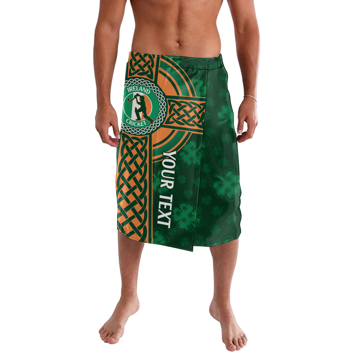 Green cricket lavalava with crest and Celtic knot panels