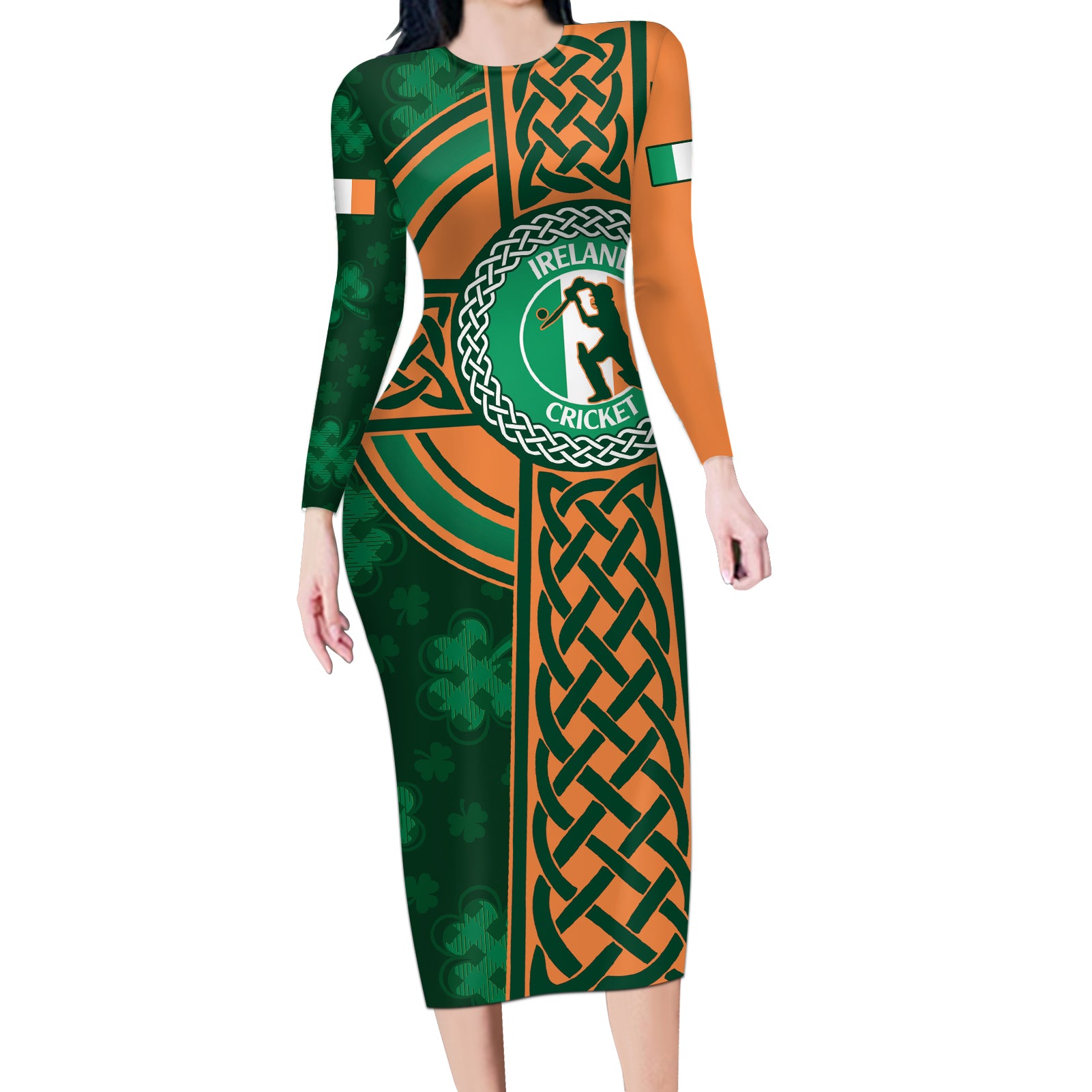 Custom Ireland Cricket Long Sleeve Bodycon Dress 2024 Celtic Shamrock Go Champions - Wonder Print Shop