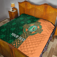 Green and orange custom cricket quilt on bed, Celtic cross shamrock emblem and 'YOUR TEXT'
