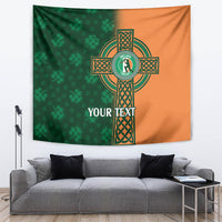Green and orange Ireland cricket tapestry with Celtic cross emblem and YOUR TEXT.