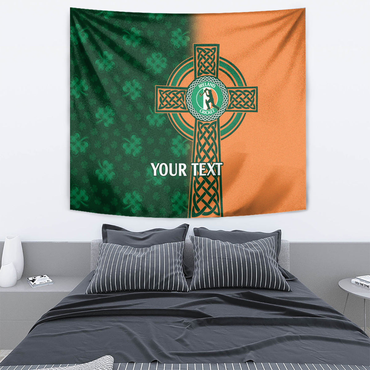 Green and orange Ireland cricket tapestry with Celtic cross emblem and YOUR TEXT above a bed.