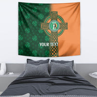 Green and orange Ireland cricket tapestry with Celtic cross emblem and YOUR TEXT above a bed.
