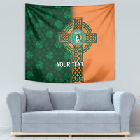 Green and orange Ireland cricket tapestry with Celtic cross emblem and YOUR TEXT above a sofa.