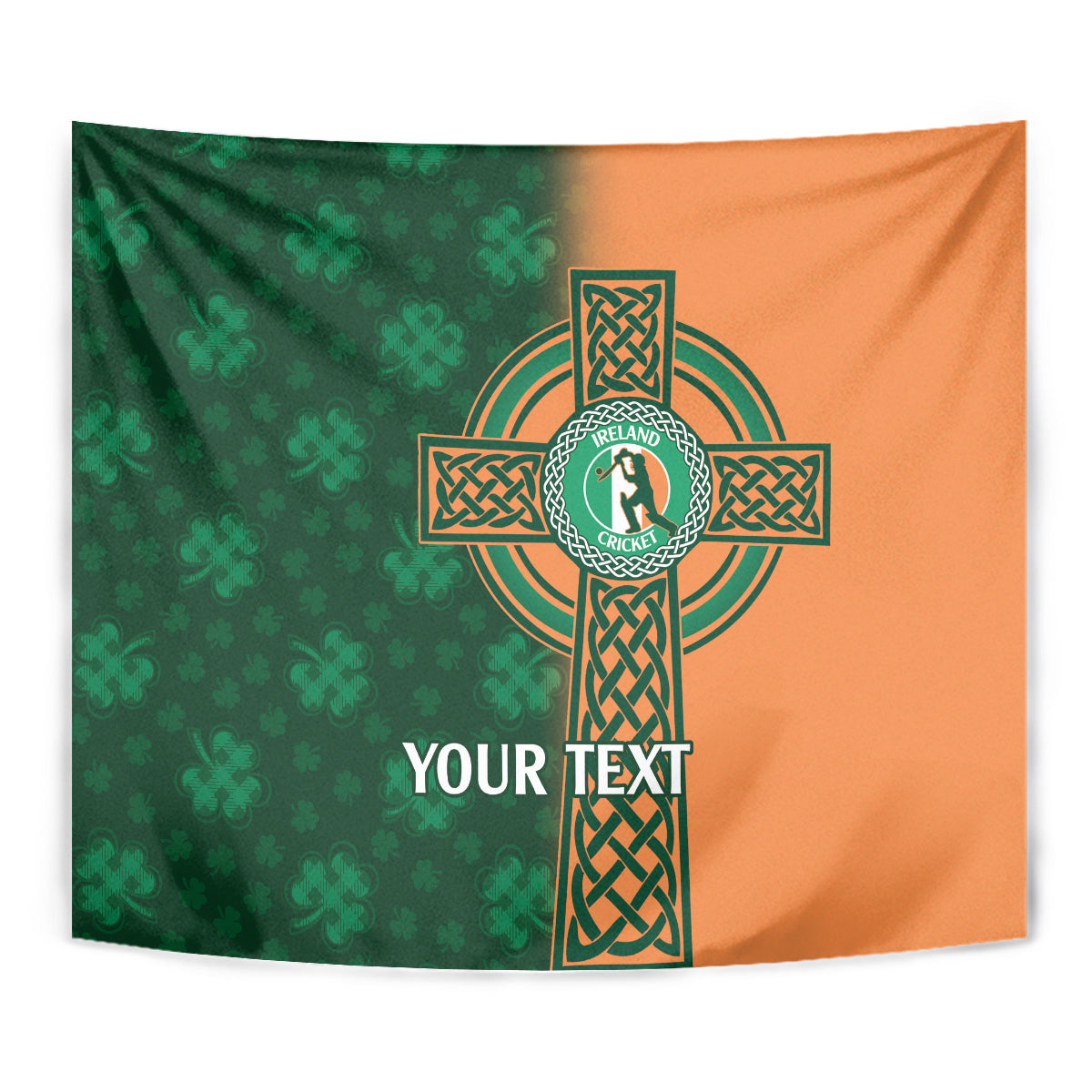 Green and orange Ireland cricket tapestry close-up with Celtic cross emblem and YOUR TEXT.