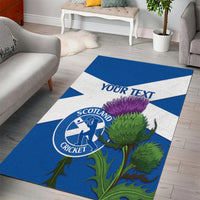 Blue Scotland cricket area rug with 'YOUR TEXT' and circular logo featuring thistle