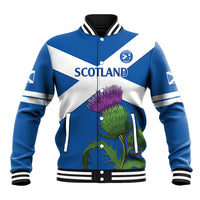 Blue/white Scotland baseball jacket, striped collar and cuffs, front SCOTLAND print, snap front