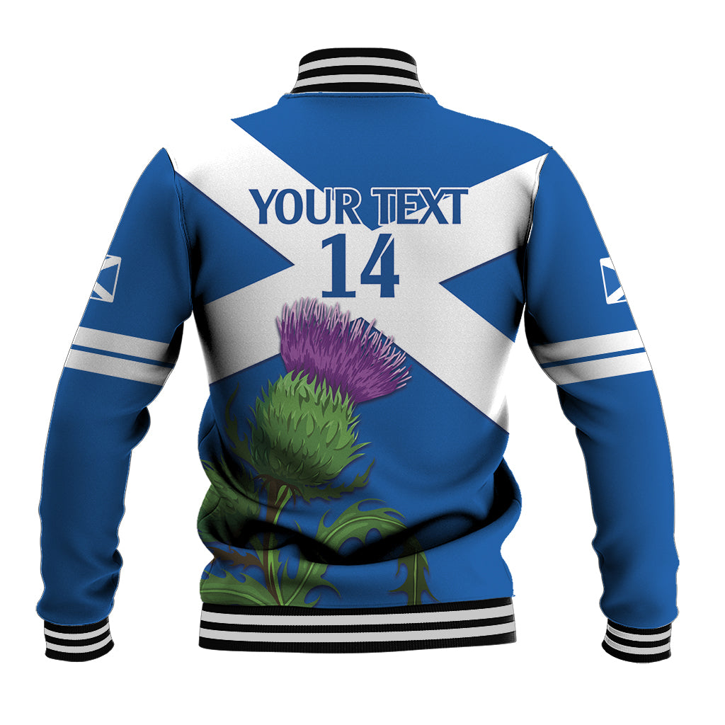 Blue/white Scotland baseball jacket, striped collar, back YOUR TEXT 14 print, snap front