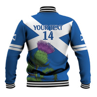 Blue/white Scotland baseball jacket, striped collar, back YOUR TEXT 14 print, snap front