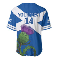 Blue cricket baseball jersey with YOUR TEXT 14 and thistle leaf graphic on back