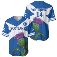 Two blue cricket baseball jersey views: Scotland front and YOUR TEXT 14 back