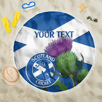 Top view of round beach blanket with YOUR TEXT, Scotland Cricket logo and fringe