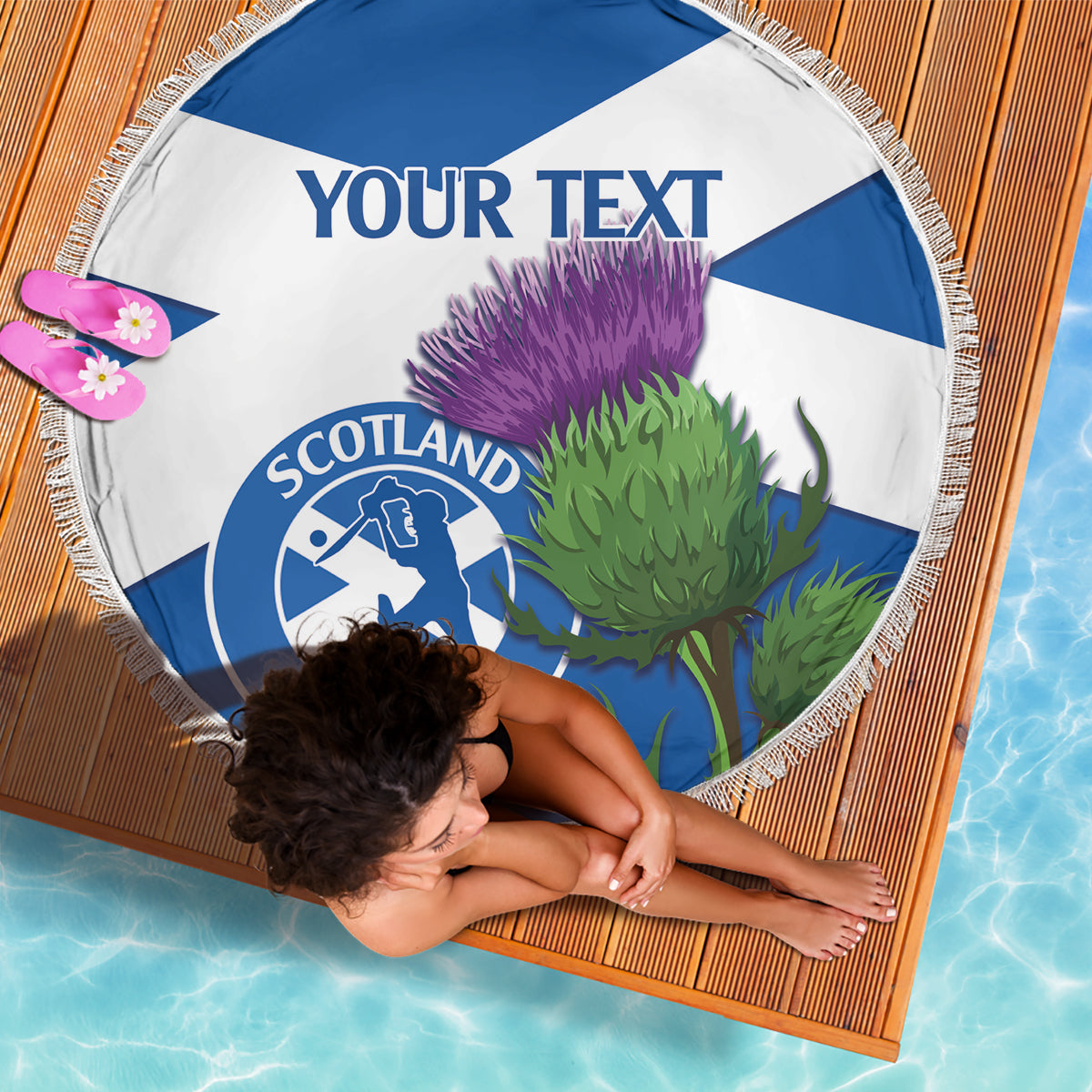 Round beach blanket with YOUR TEXT, Scotland Cricket emblem, purple thistle, fringe