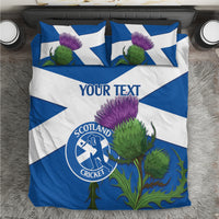 Blue and white Scotland cricket bedding set, showing custom text and thistle with crest logo