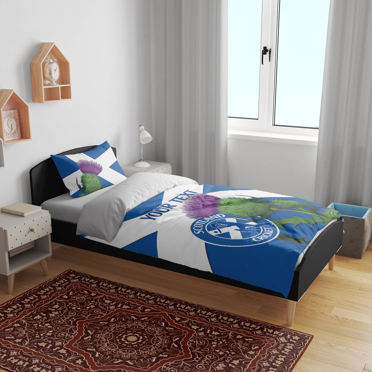 Blue and white Scotland cricket bedding set with custom text, thistle pattern, and logo