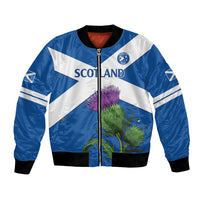 Blue and white bomber jacket with full zipper and Scotland thistle graphic, ribbed cuffs