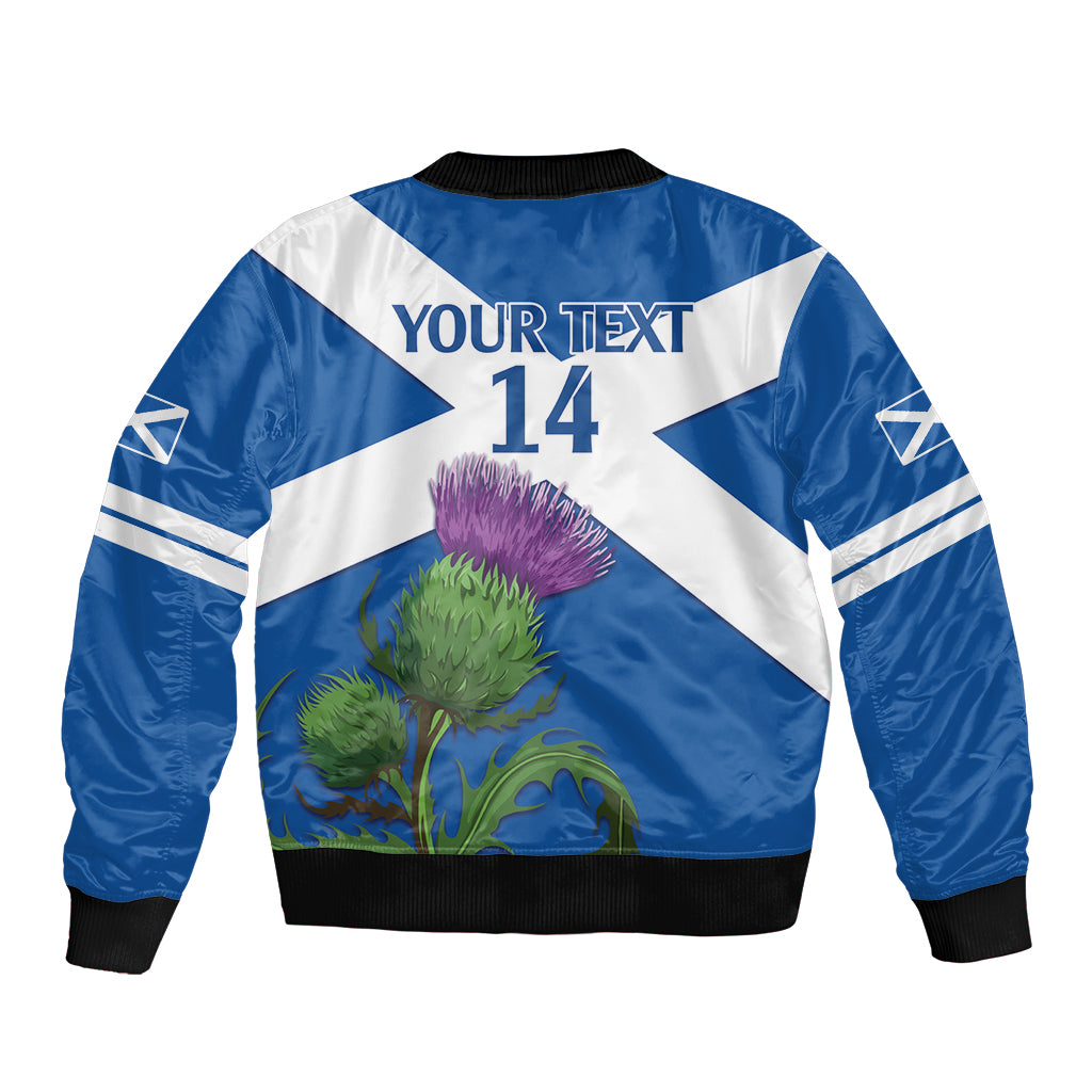Blue and white bomber jacket back with striped pattern, 'YOUR TEXT 14' and thistle art