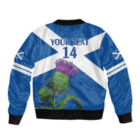 Blue and white bomber jacket back with striped pattern, 'YOUR TEXT 14' and thistle art