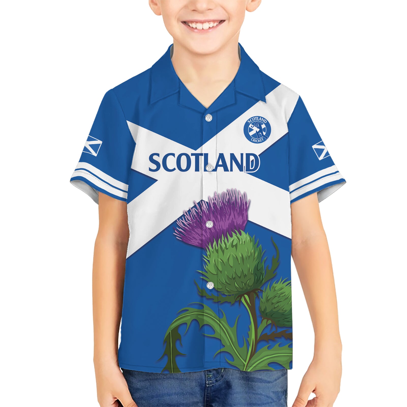 Custom Scotland Cricket Kid Hawaiian Shirt 2024 Scottish Thistle Flag Style - Wonder Print Shop