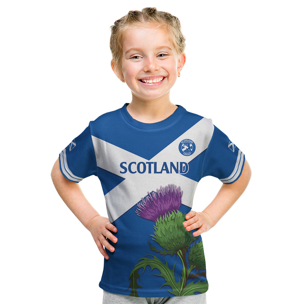 Custom Scotland Cricket Kid T Shirt 2024 Scottish Thistle Flag Style - Wonder Print Shop