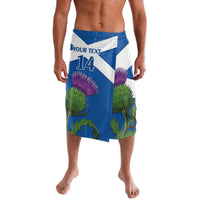 Blue and white cricket lavalava shorts with purple thistle graphic and green foliage