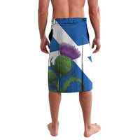 Blue and white cricket lavalava shorts, back view, number 14 with thistle and foliage