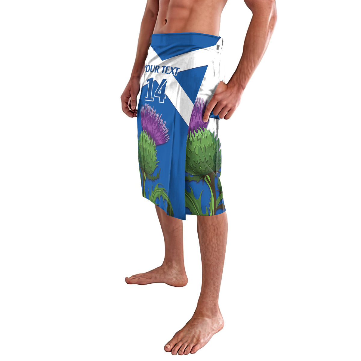 Blue and white cricket lavalava shorts with number 14, purple thistle and green foliage