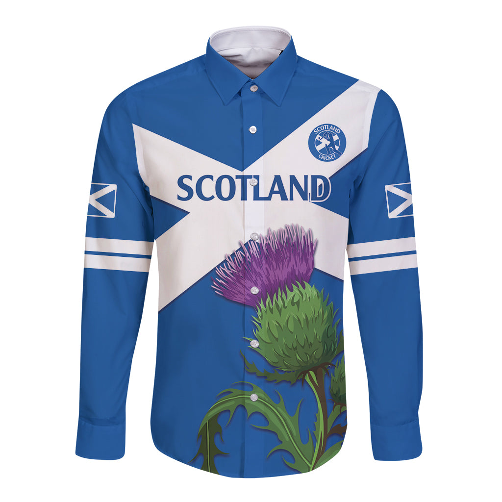 Blue long-sleeve button cricket shirt with Scotland-style thistle crest on front