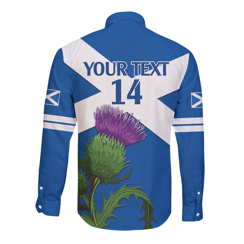 Blue long-sleeve button cricket shirt, back view with 'YOUR TEXT' and thistle art