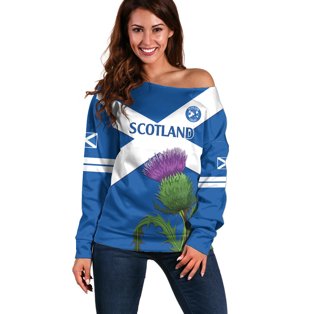 Custom Scotland Cricket Off Shoulder Sweater 2024 Scottish Thistle Flag Style - Wonder Print Shop