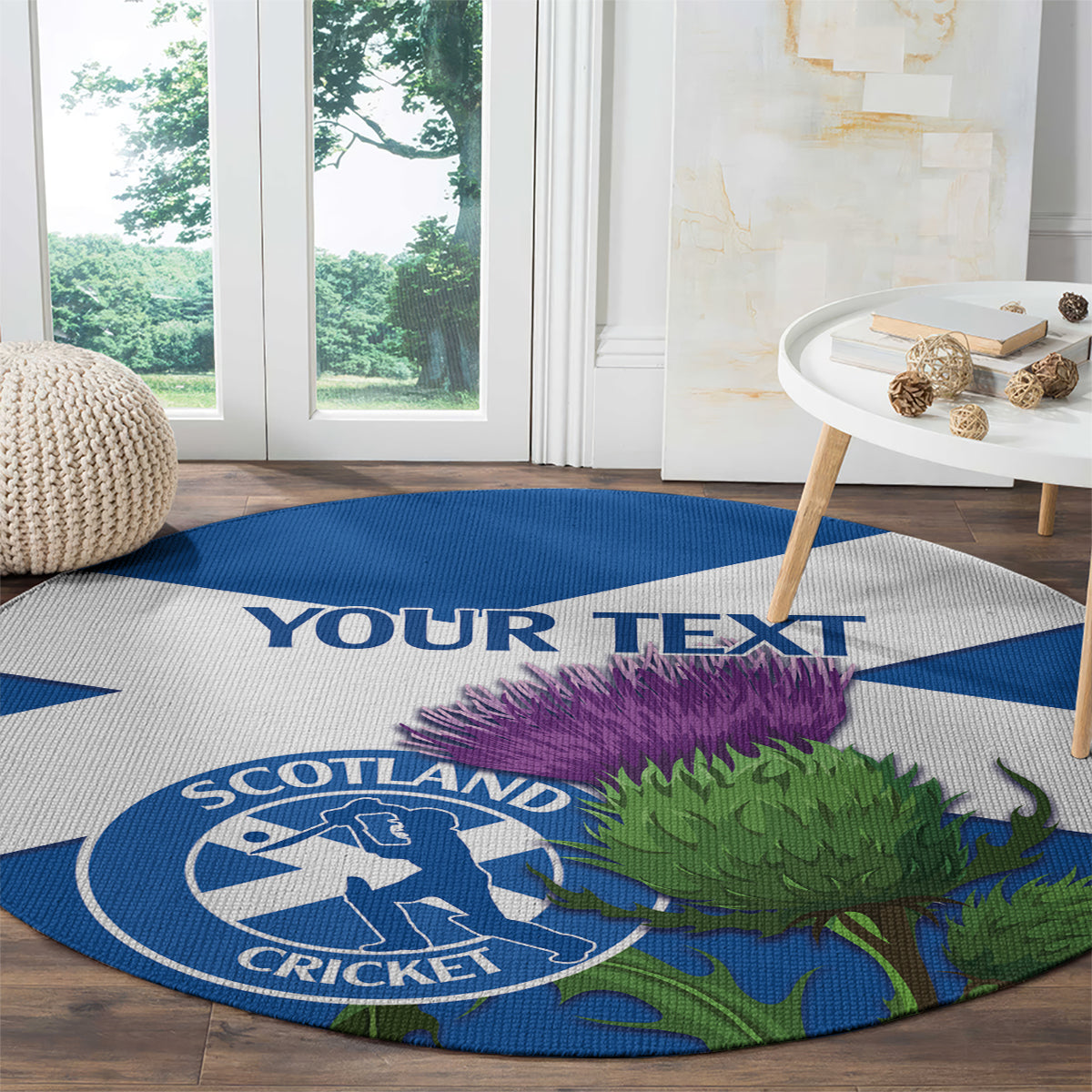 Round blue-and-white Scotland cricket rug with circular badge and thistle graphic