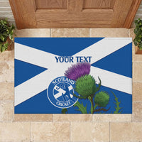 Blue and white cricket doormat with thistle artwork and Scotland Cricket badge, your text