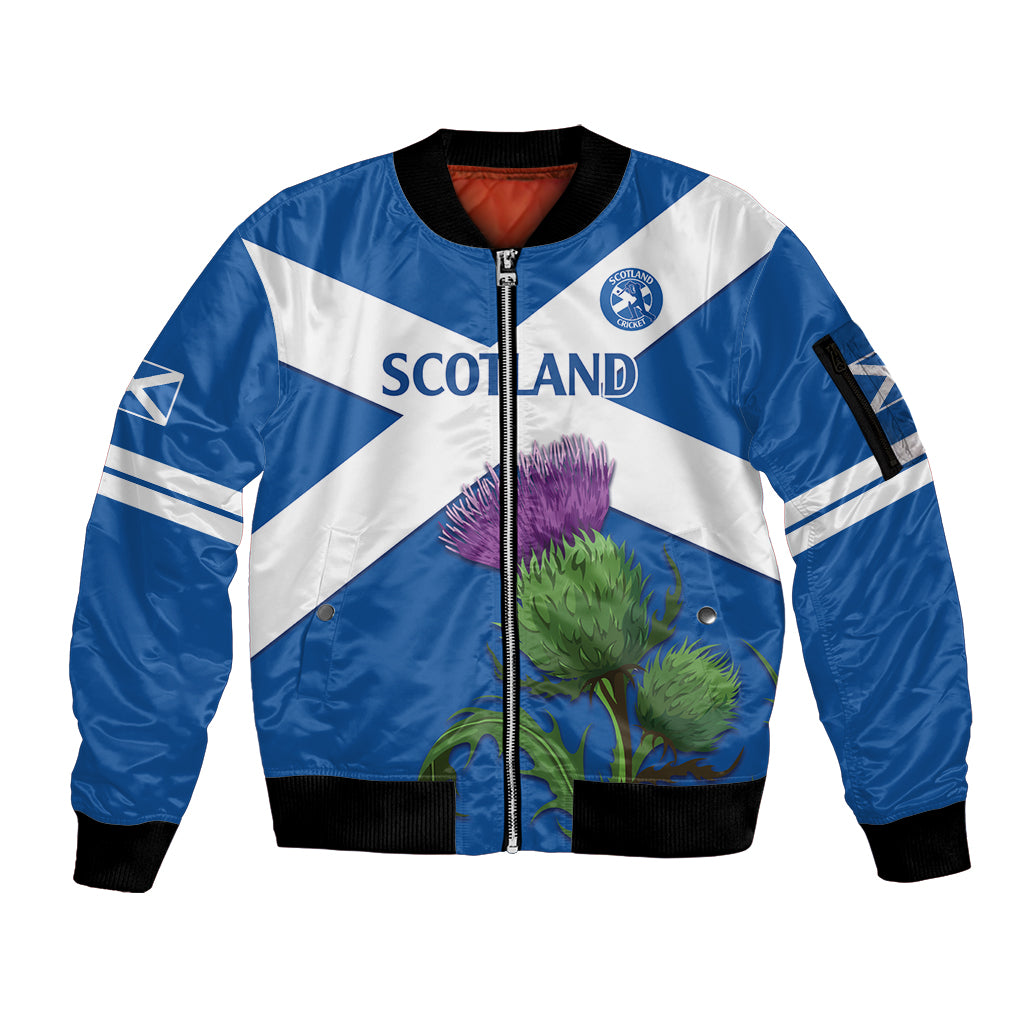 Custom Scotland Cricket Sleeve Zip Bomber Jacket 2024 Scottish Thistle Flag Style