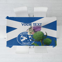 Personalized blue tablecloth with Scotland Cricket logo and Your Text panel