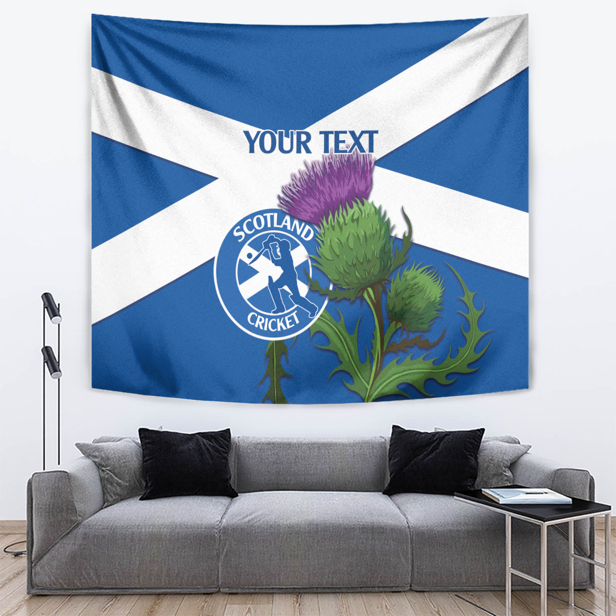 Blue and white Scotland cricket tapestry flag with thistle, crest, and custom text