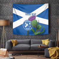 Blue and white Scotland cricket tapestry flag with thistle, crest, and custom text