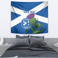 Blue and white Scotland cricket tapestry flag with thistle, crest, and custom text