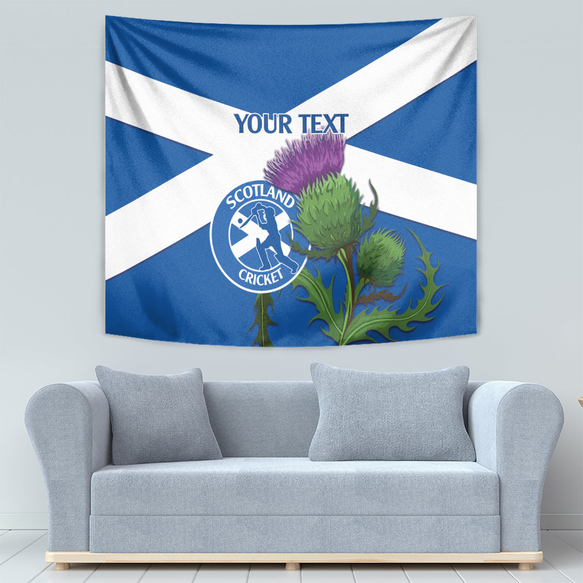 Blue and white Scotland cricket tapestry flag with thistle, crest, and custom text