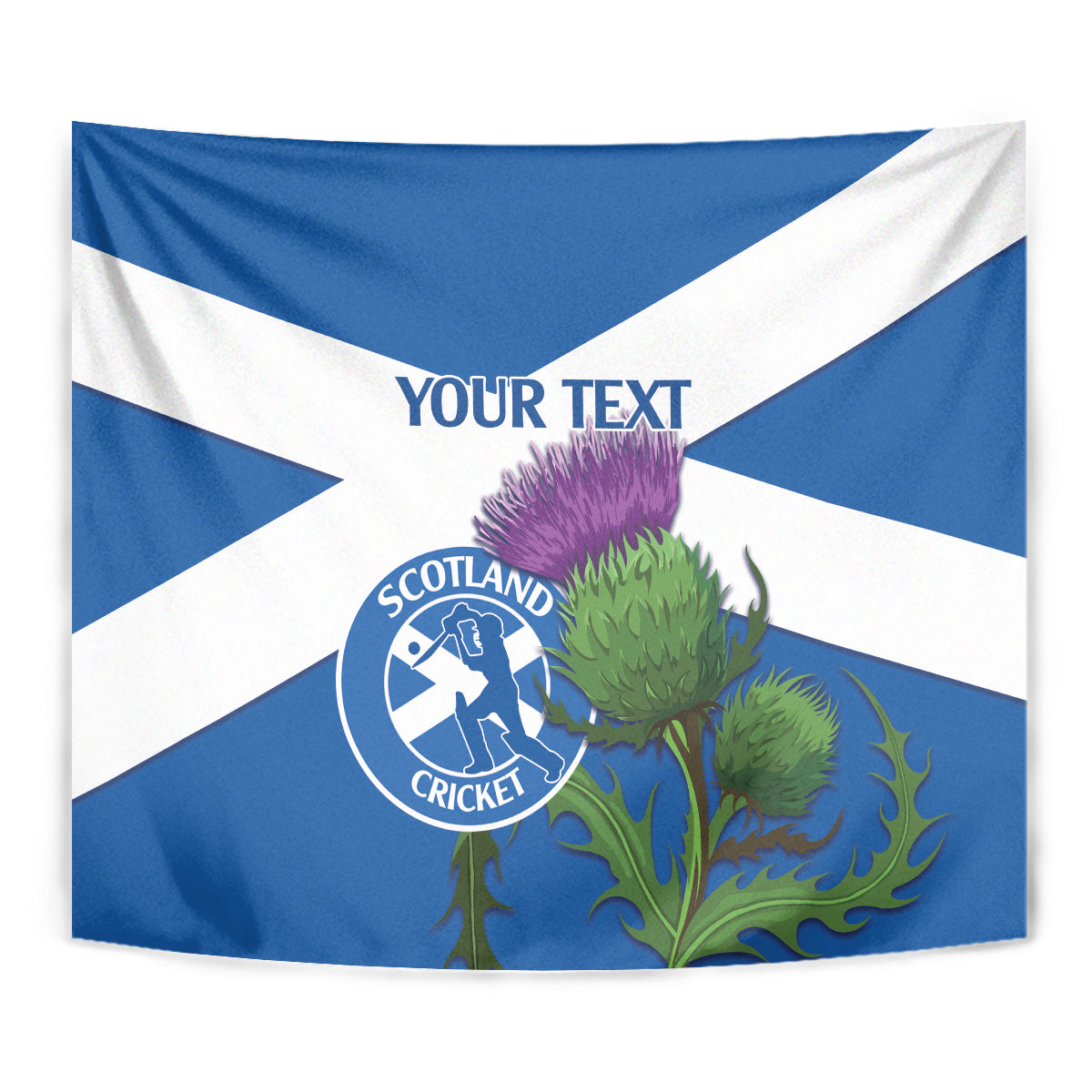 Blue and white Scotland cricket tapestry flag close-up with thistle, crest, and custom text