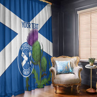Blue and white window curtains with Scotland Cricket emblem, thistle and floral artwork