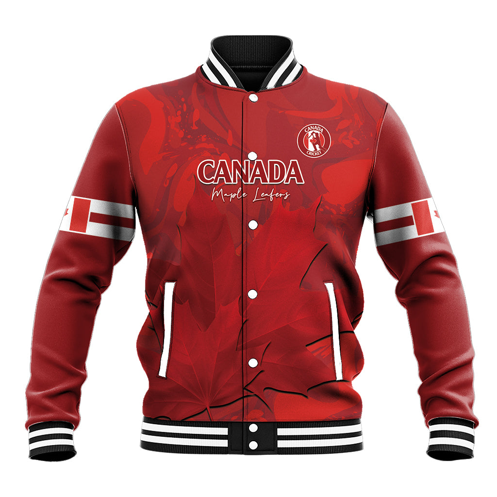 Red cricket baseball jacket, button front, Canada crest patch, striped collar and cuffs.