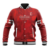 Red cricket baseball jacket, button front, Canada crest patch, striped collar and cuffs.