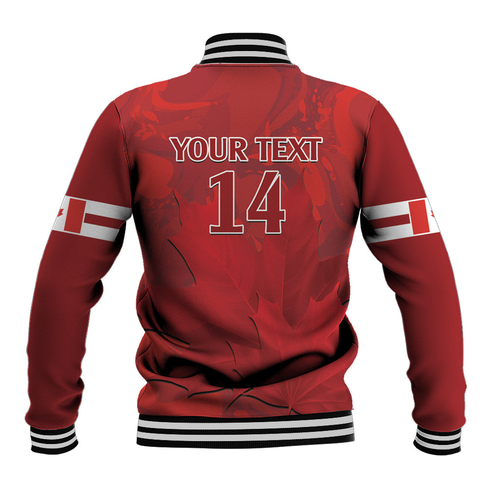 Red cricket baseball jacket back, number 14 graphic, striped collar, waistband and cuffs.
