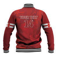 Red cricket baseball jacket back, number 14 graphic, striped collar, waistband and cuffs.