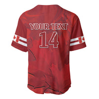 Red baseball jersey back view with YOUR TEXT and large 14, maple leaf pattern