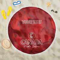 Red round beach blanket with white fringe, Canada Cricket logo and 'YOUR TEXT' print