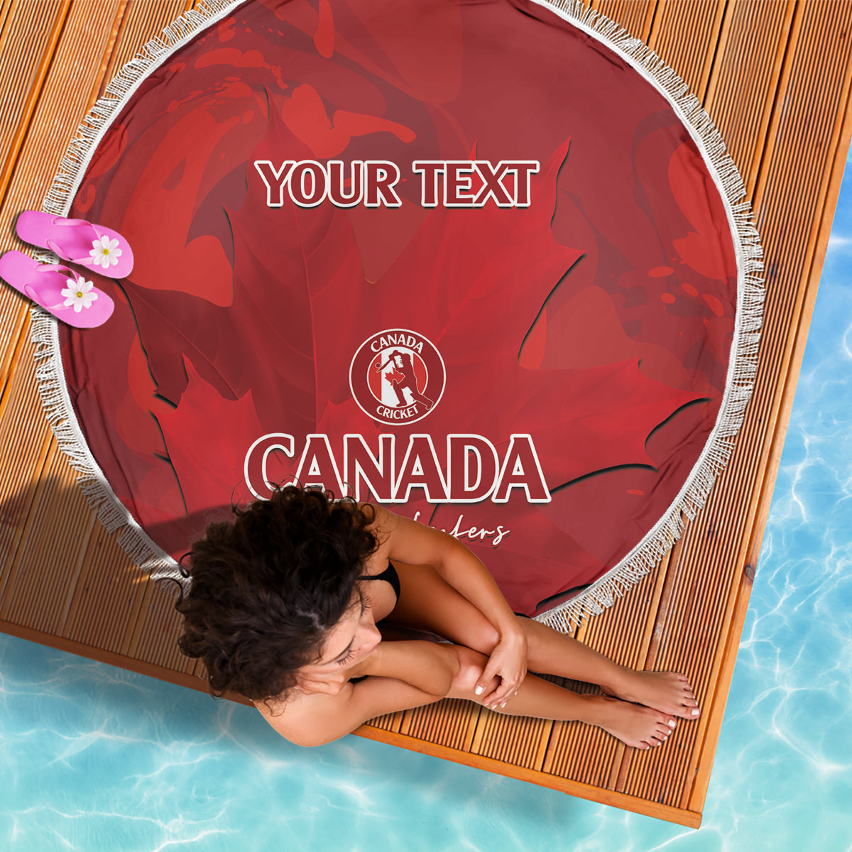 Red round beach blanket with white fringe, Canada Cricket logo and 'YOUR TEXT' print