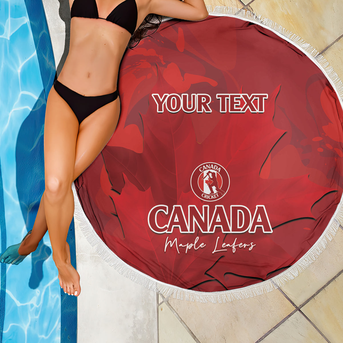 Red round beach blanket with white fringe and Canada Cricket logo, 'YOUR TEXT' panel